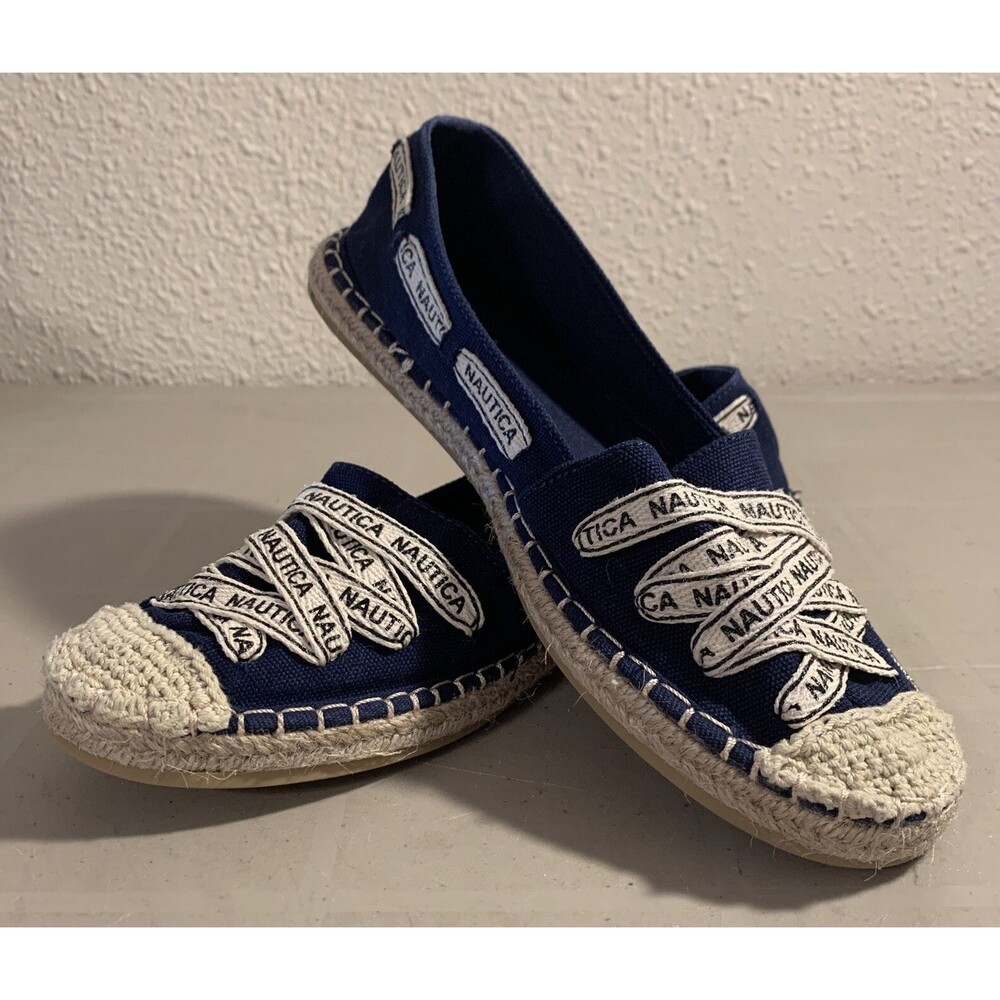 Nautica Shoes Womens 8 Navy White Nautical Canvas Flats Slip Ons Coastal Boat - Picture 7 of 7